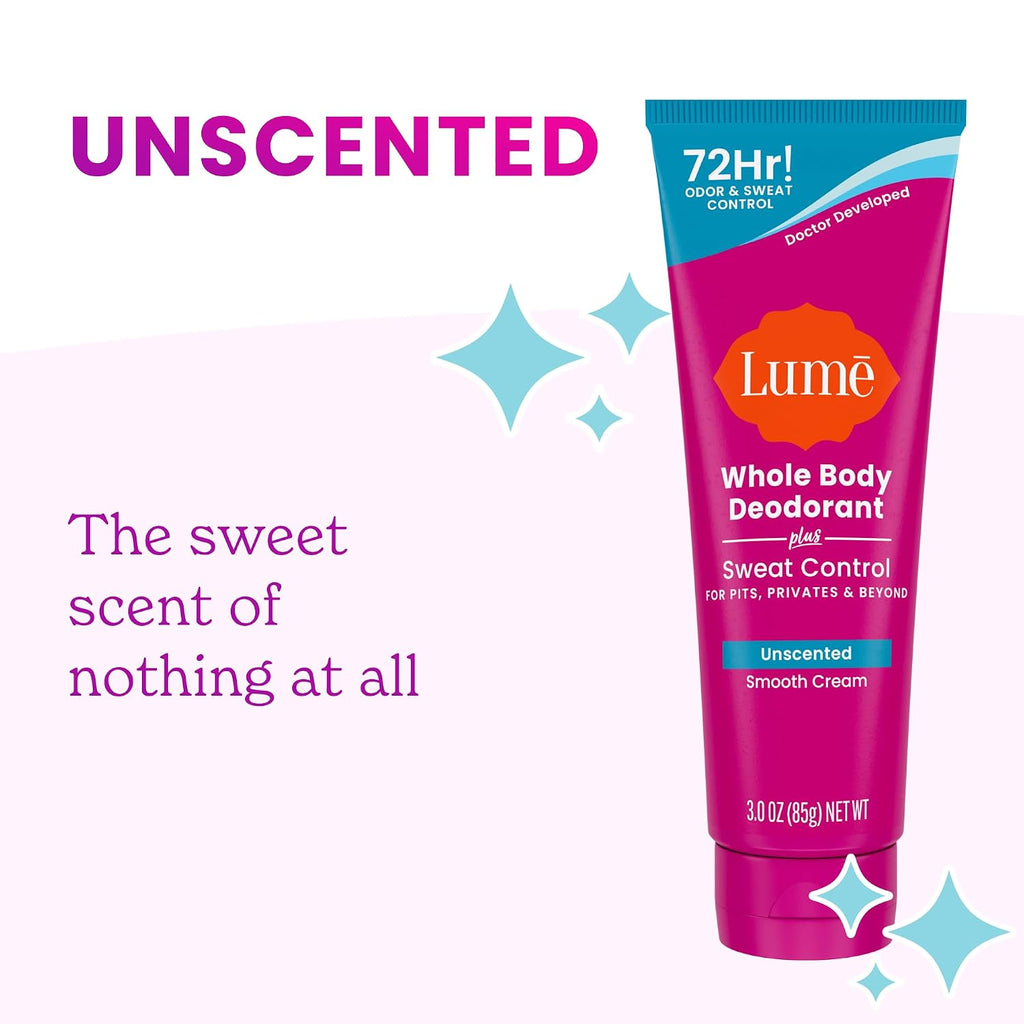 Lume Whole Body Deodorant Plus Sweat Control - Smooth Cream Tube - 72 Hour Odor And Sweat Control - Baking Soda Free. Skin Loving - 3.0 ounce (Pack of 2) (Unscented)